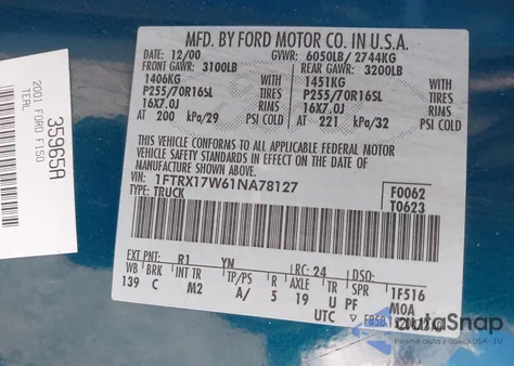 2001 Ford F-150 Lariat/Xl/Xlt from USA, damaged, VIN 1FTRX17W61NA7H127